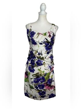 new directions White Floral Ruched Sheath Dress EUC Sz 12 pink purple Wedding